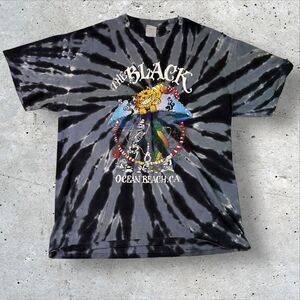 The Black Ocean Beach CA Tie Dye T-Shirt Large Skeleton Cat Graphic Surfer Skate